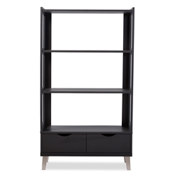 Baxton Studio Kalien Modern and Contemporary Dark Brown Wood Leaning Bookcase with Display Shelves and Two Drawers